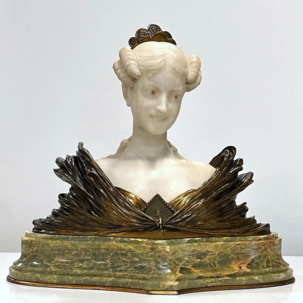 Dominique Alonzo Large Marble and Bronze Bust, A Young Beauty of the Belle Epoque